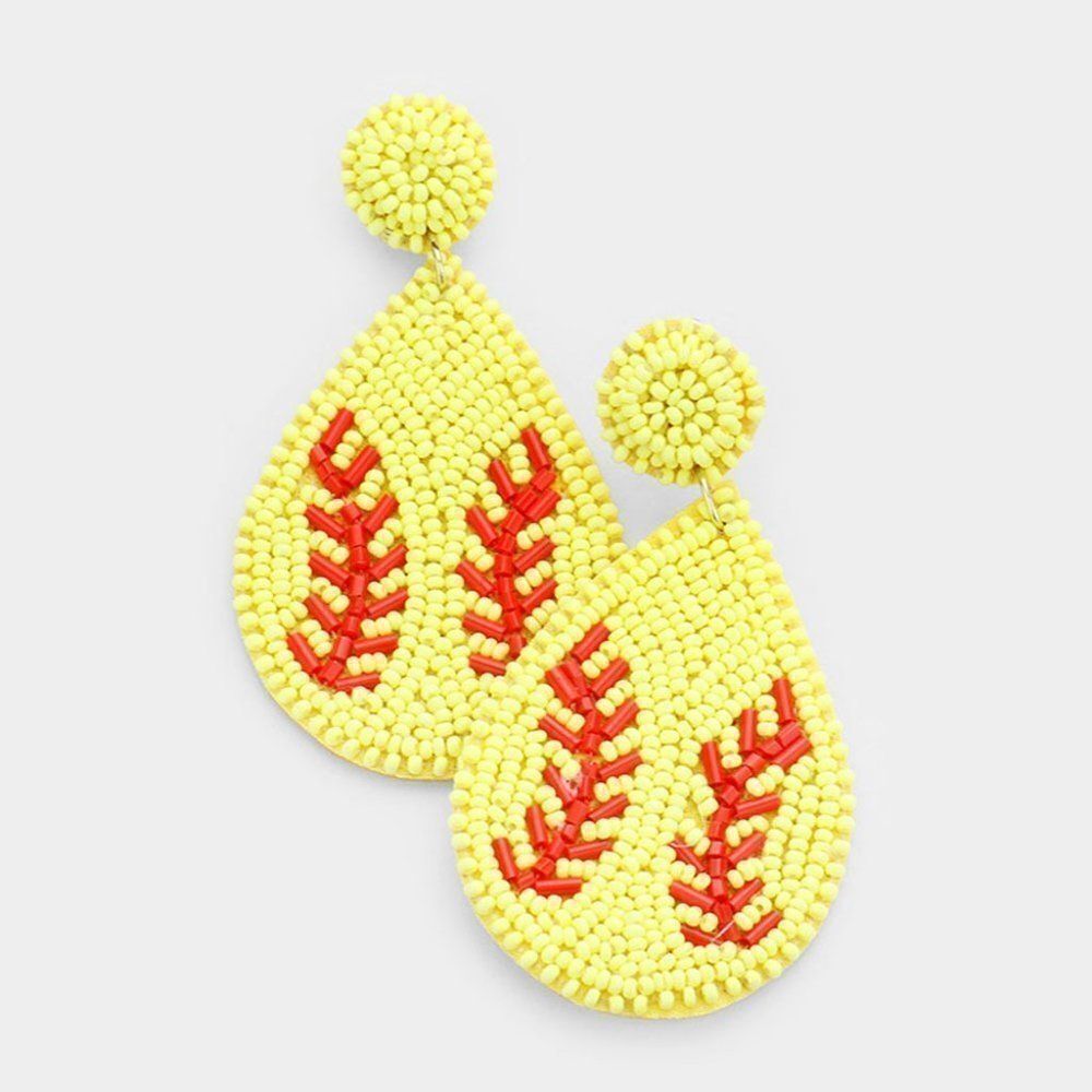 Softball Baseball Yellow Seed Bead Felt Back Earrings NWT